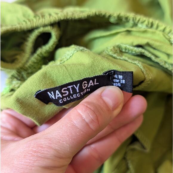 Nasty Gal Green Ruched Bust Open Tie Back Long Sleeve Fitted Midi Dress, size 6 - Picture 6 of 14